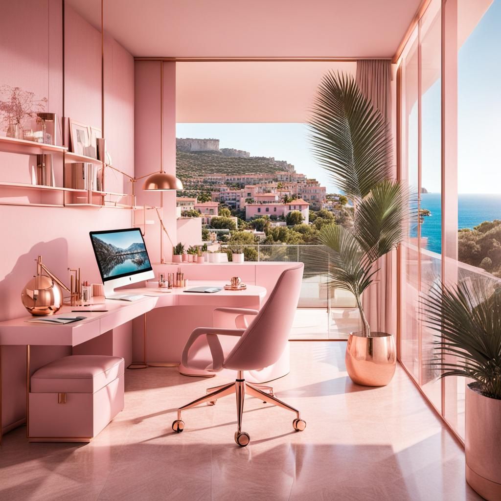 Pink Modern Workspace with Balcony Sea View