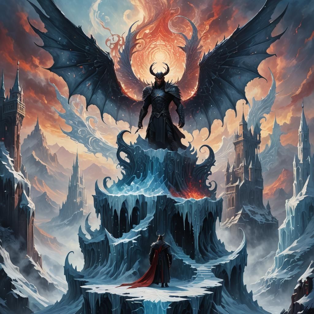 Lucifer on Ice Castle: Dark Fantasy Oil Painting