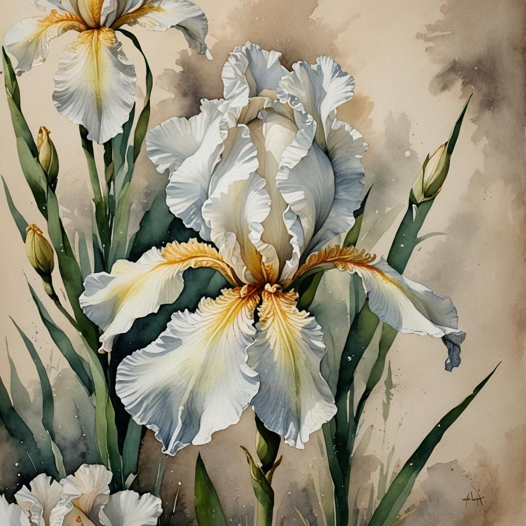 White Iris in Watercolor with Dew