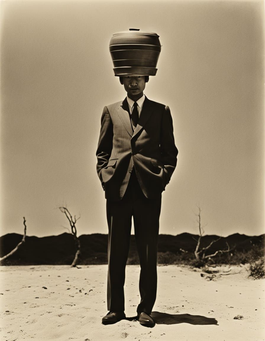 Minimalist Surrealist Photo of Man with Broken Pot