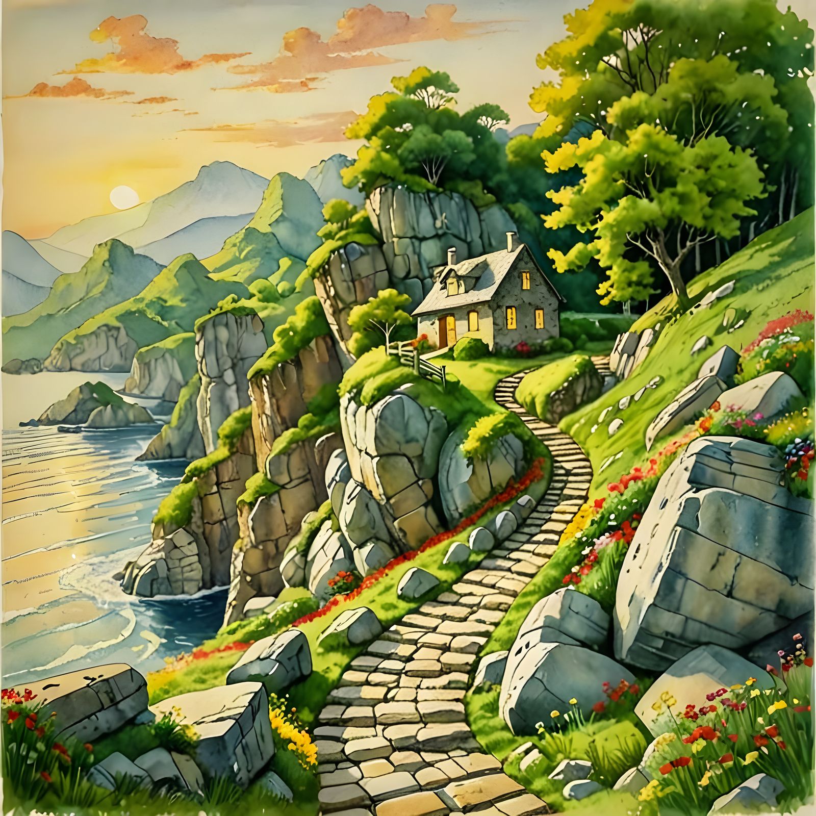 Watercolor Stone Path to Cliffside Paradise