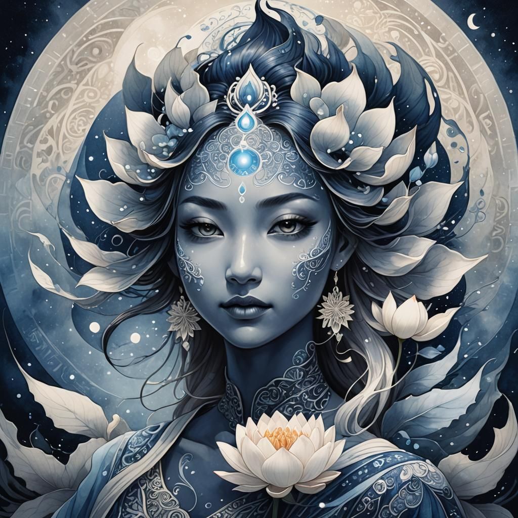 Ethereal Ying Yang Lotus in Moonlight, Ink Wash Painting