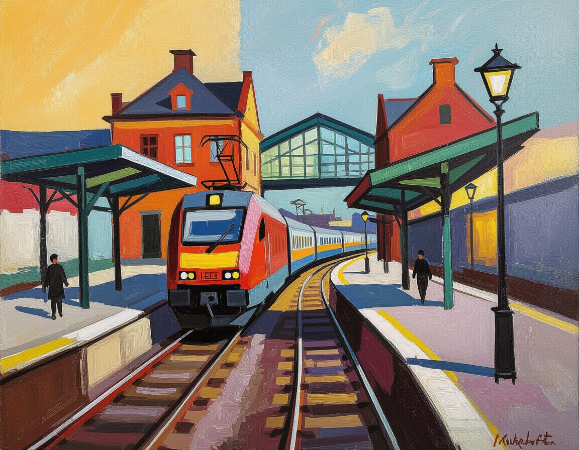Abstract Expressionist Painting of a Modern Train Station