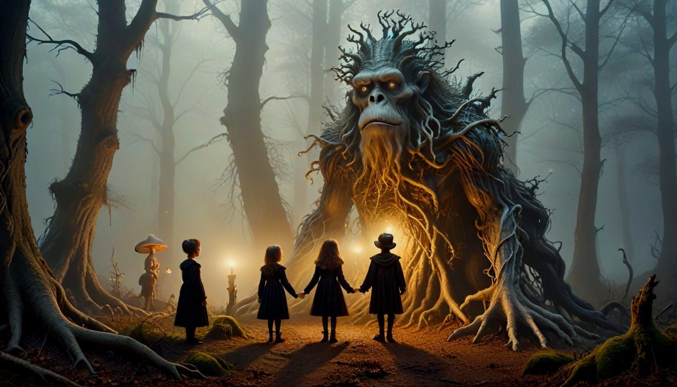 Magical Forest Creature Protecting Victorian Children