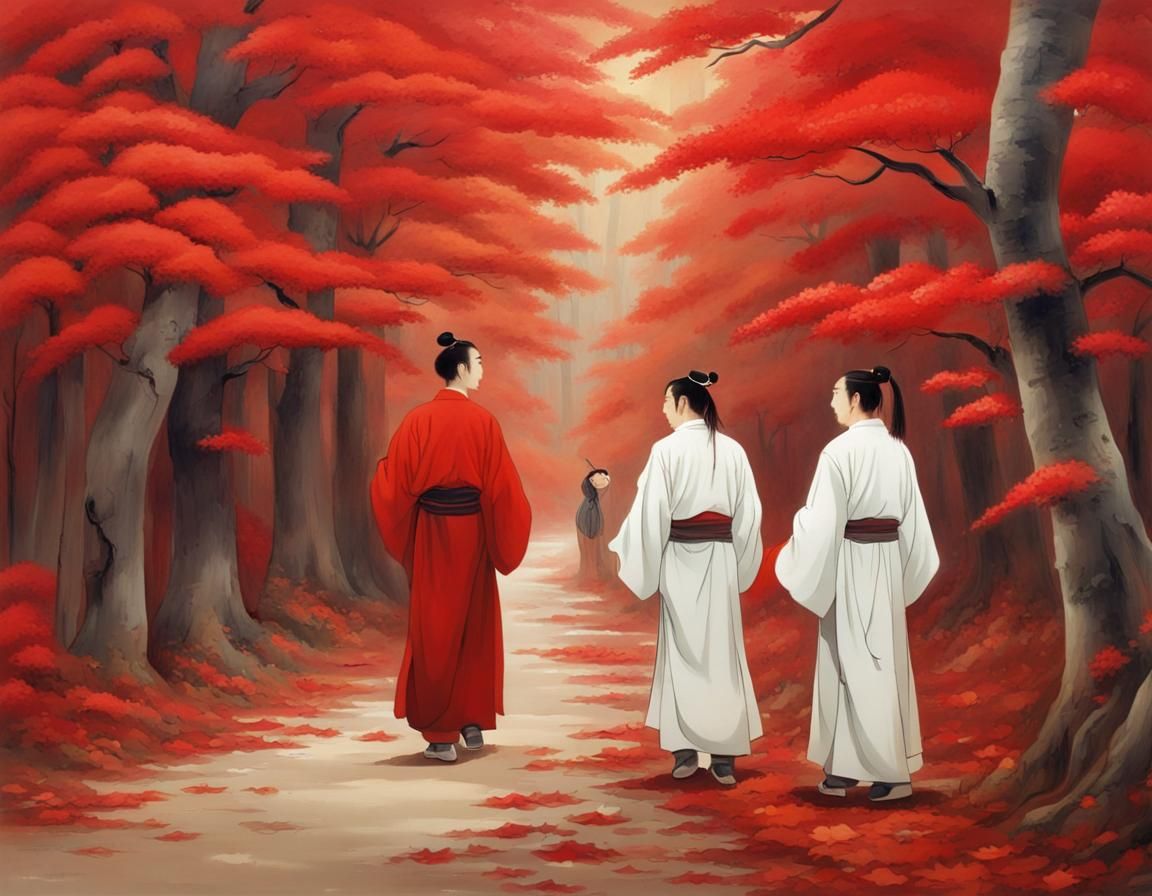 Men Walk Through Red Maple Forest, Chinese Oil Painting