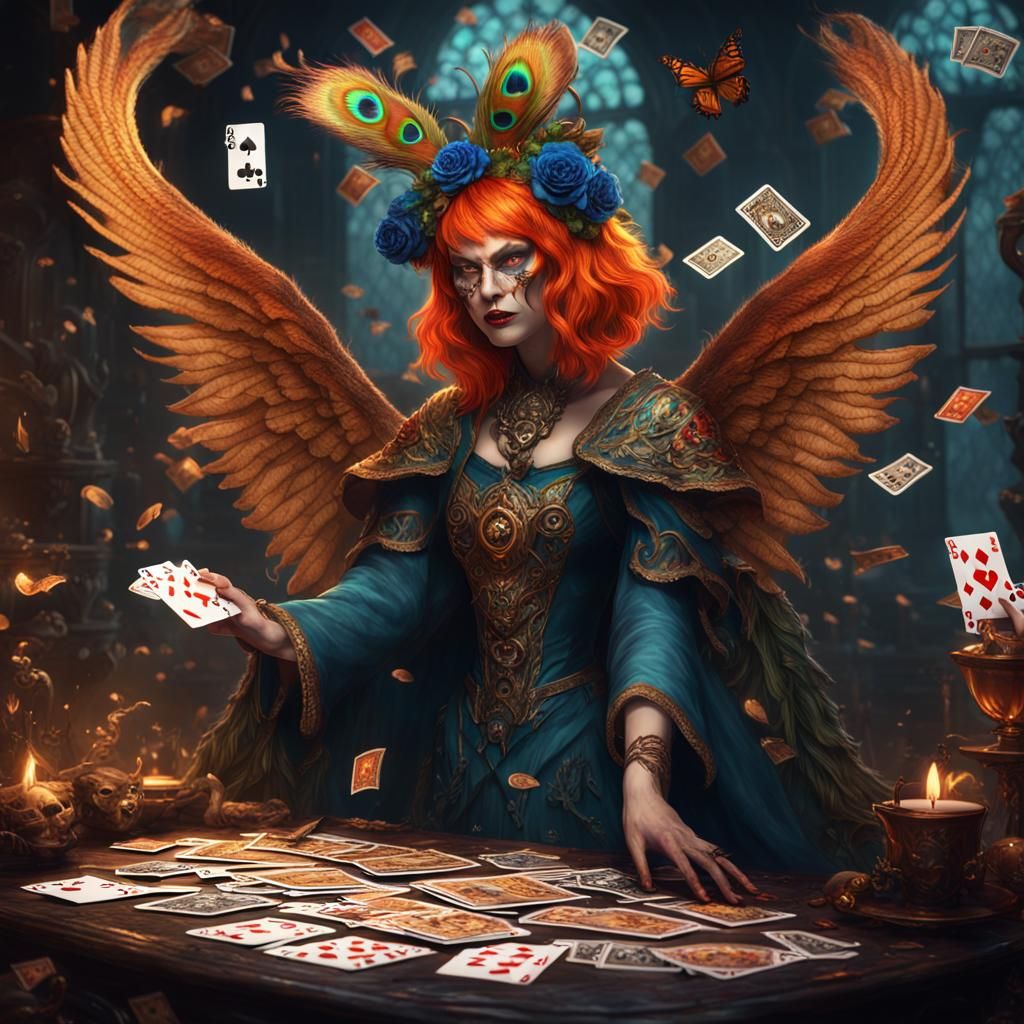 Peacock Demon Sorceress Throws Cards: Fantasy Art