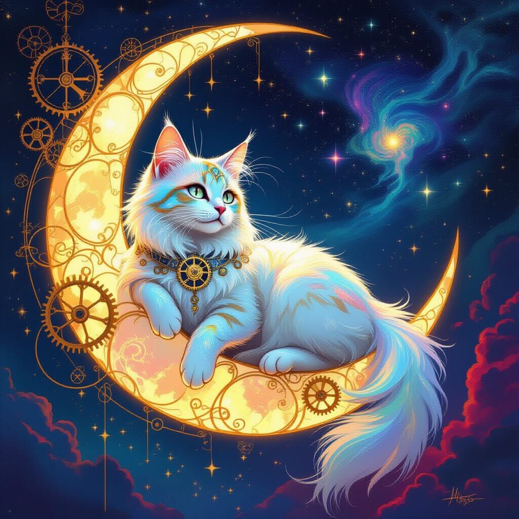 Celestial Clockwork Cat on the Moon in Art Nouveau Style