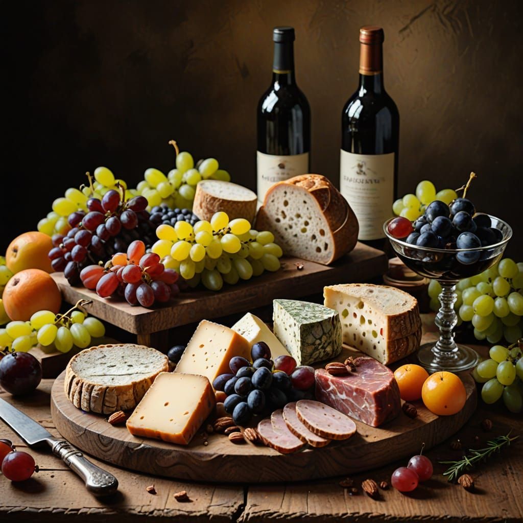 Vibrant Impressionist Still Life with Charcuterie and Grapes