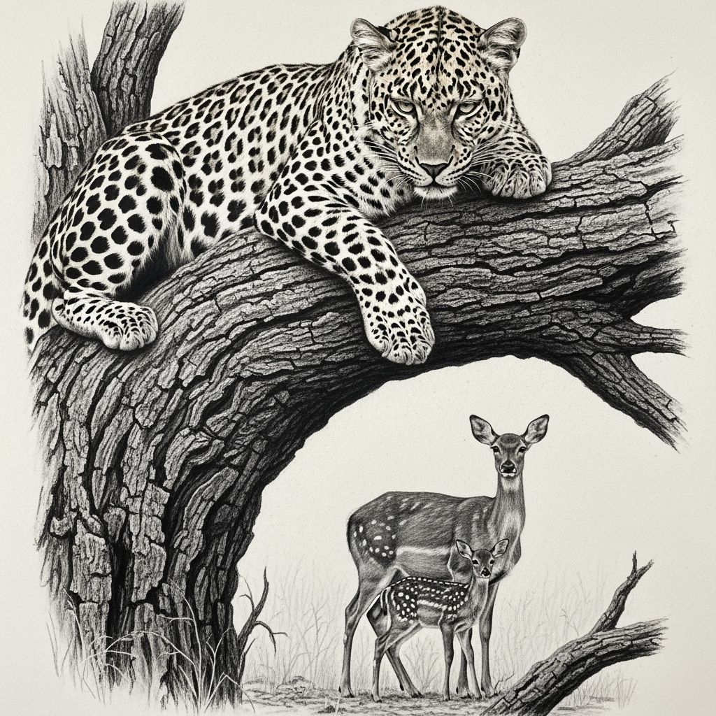 Leopard on Branch with Deer: Charcoal Drawing