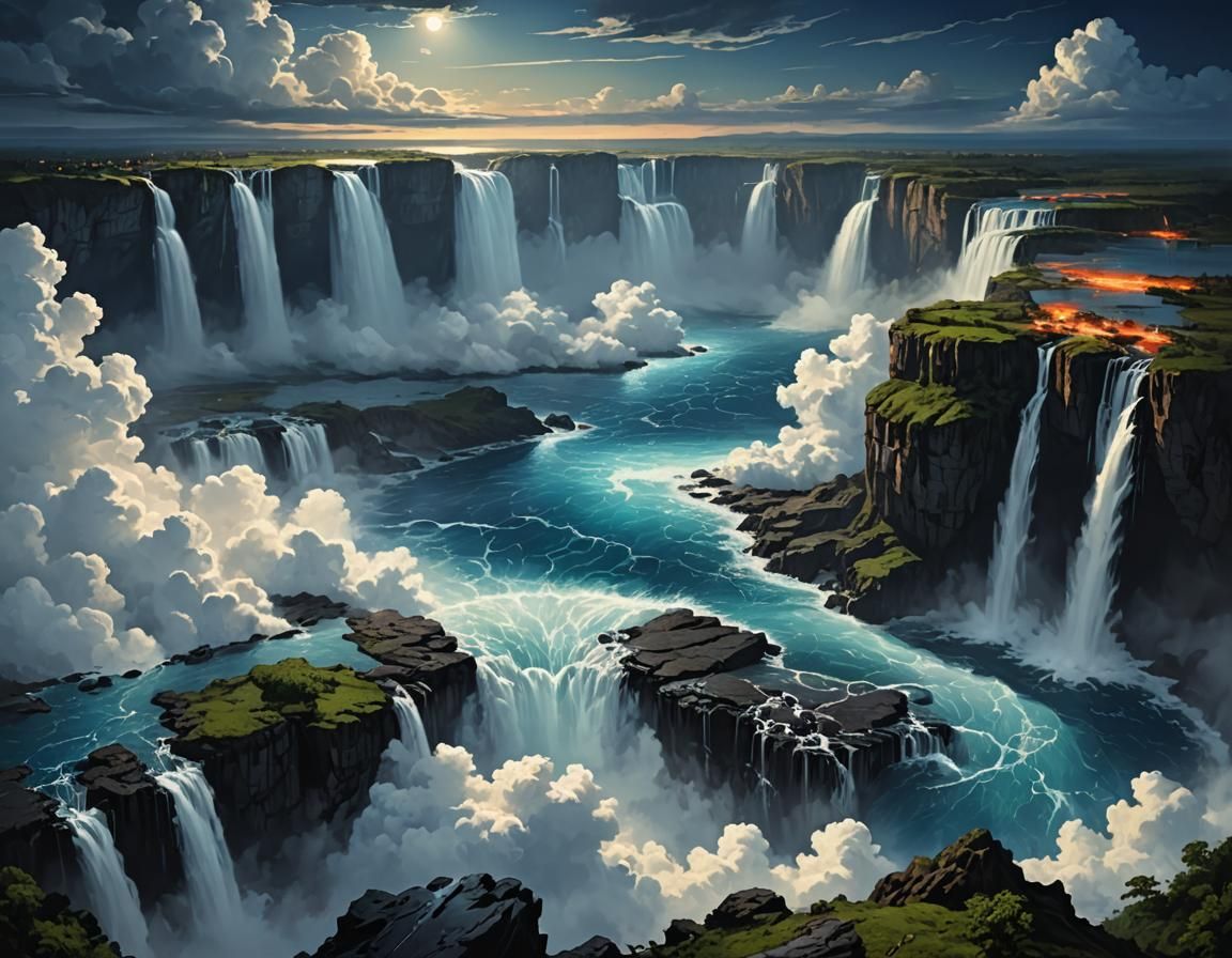 Night View: Clouds, Ocean, and Waterfalls