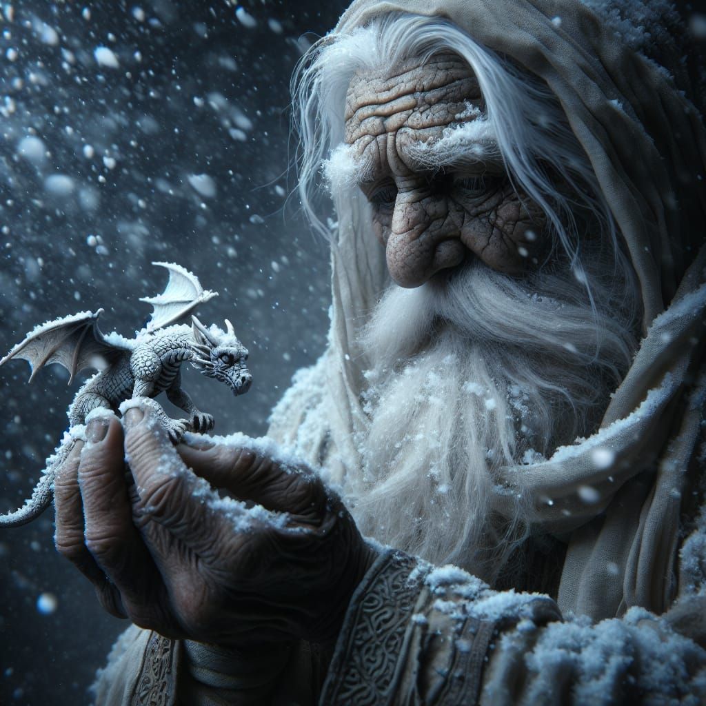 Elderly Man with Dragon in Winter Snow