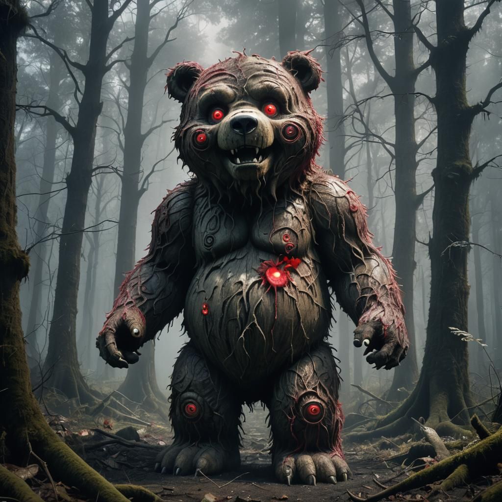 Terrifying Care Bear in Surreal Horror Forest