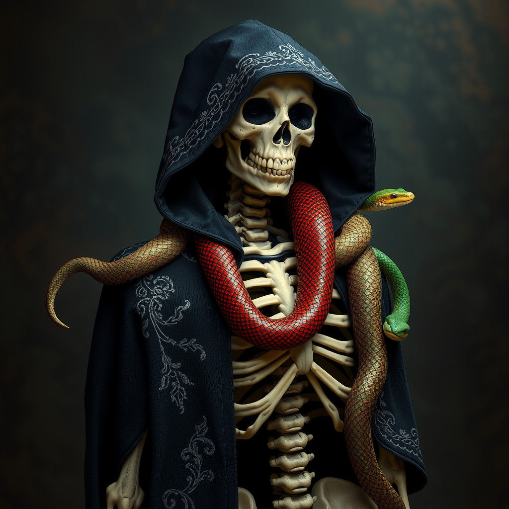 Regal Skeleton with Snakes in Dark Mystical Scene