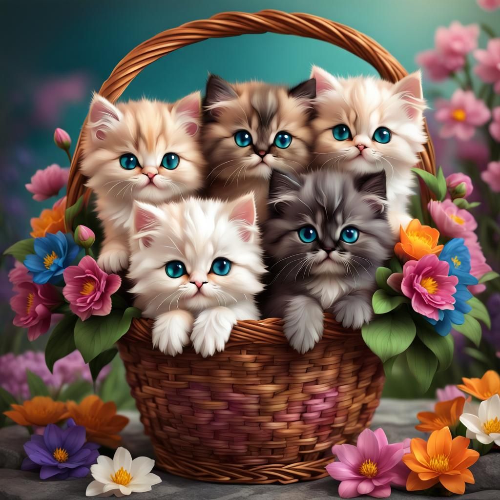 Chibi Persian Kittens in Vibrant Spring Flowers