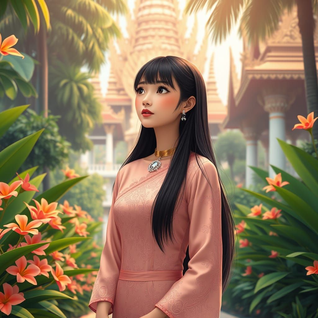 Serene Thai Girl in Majestic Buddhist Temple