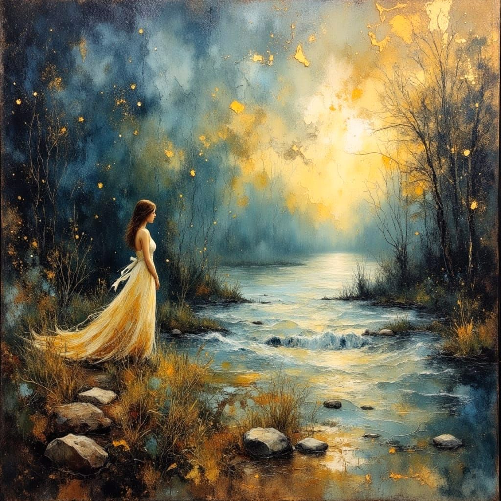 Raging River Separates Lovers: Impasto Oil Painting