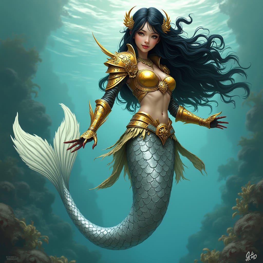 Warrior Mermaid in Underwater Realm Digital Art