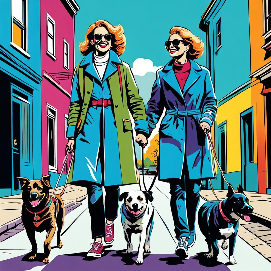 Happy Lesbian Couple Walking Dogs in Pop Art