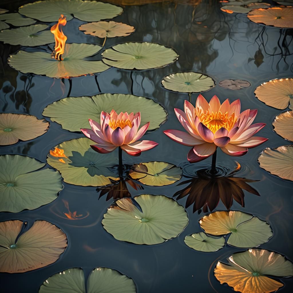 Flaming Lotus Flower in Surreal Pond