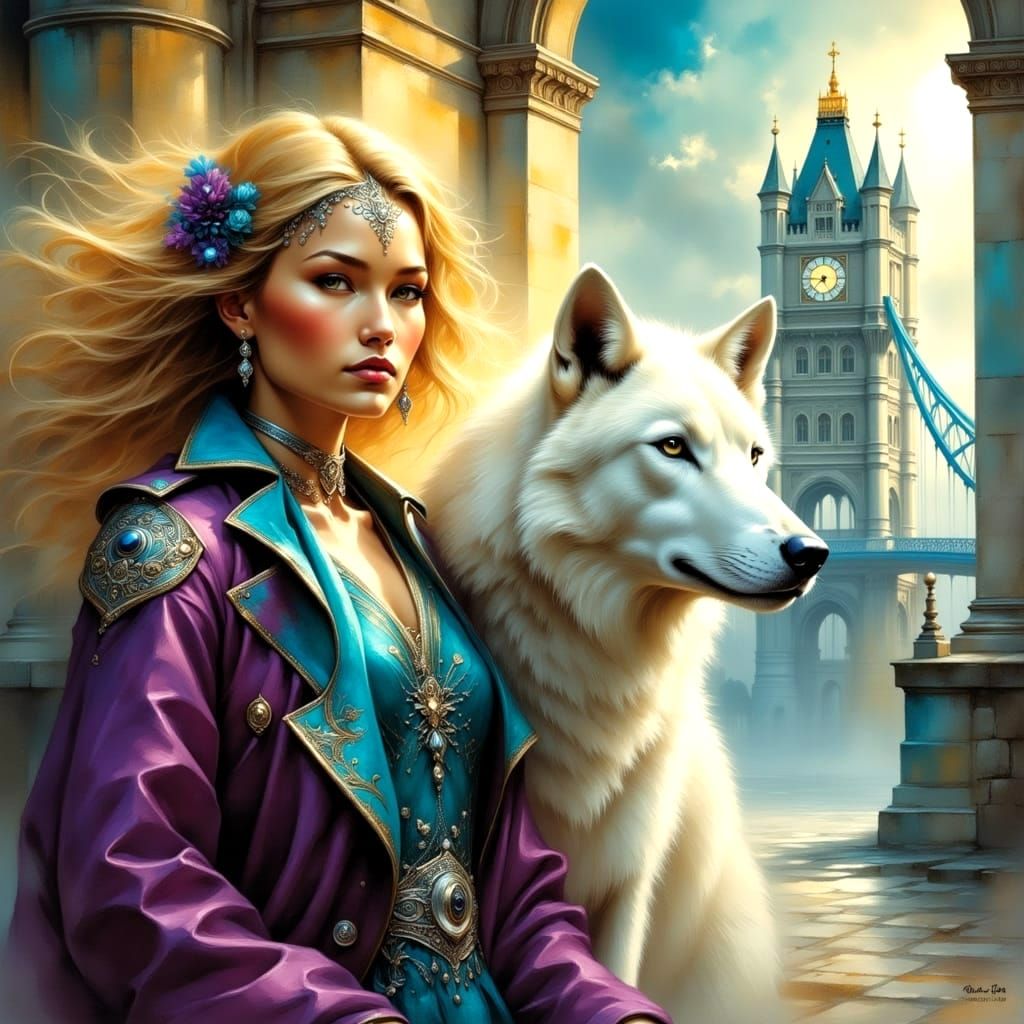 Majestic Blond and White Wolf near Tower Bridge in London
