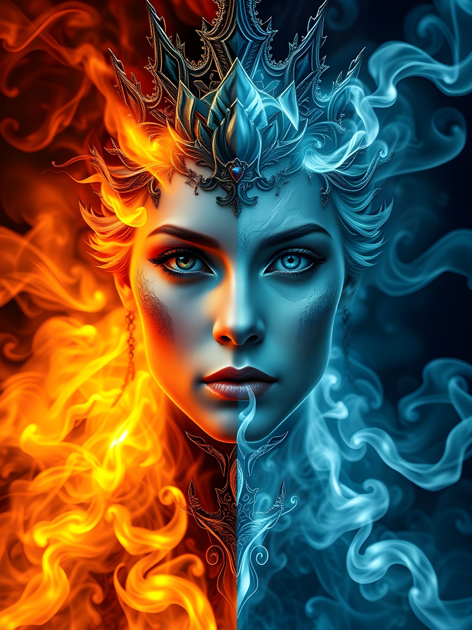 Fire and Ice Queen: Symmetrical Digital Portrait