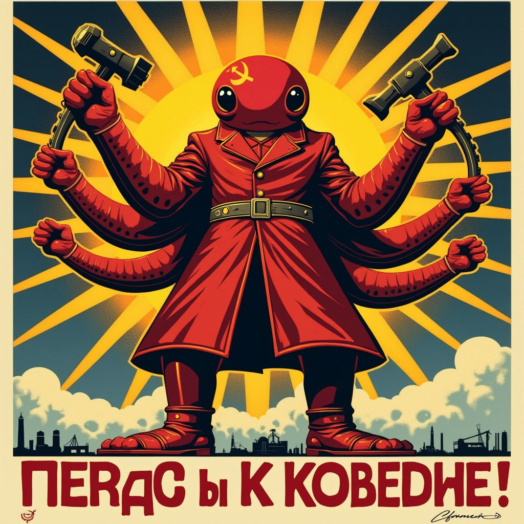 Red Aquatic Hero in Soviet Propaganda Style