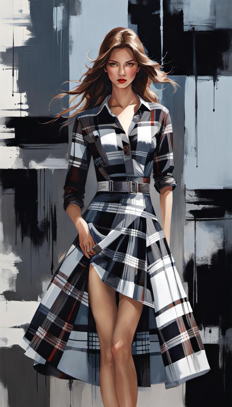 Fashion Model in Plaid Dress Digital Art