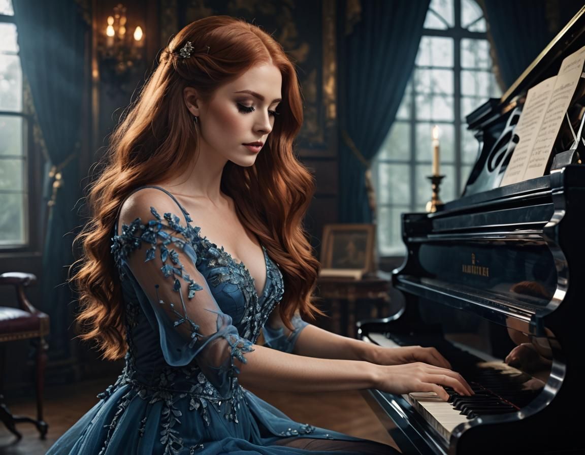 Auburn-Haired Girl Plays Piano in Fantasy Setting