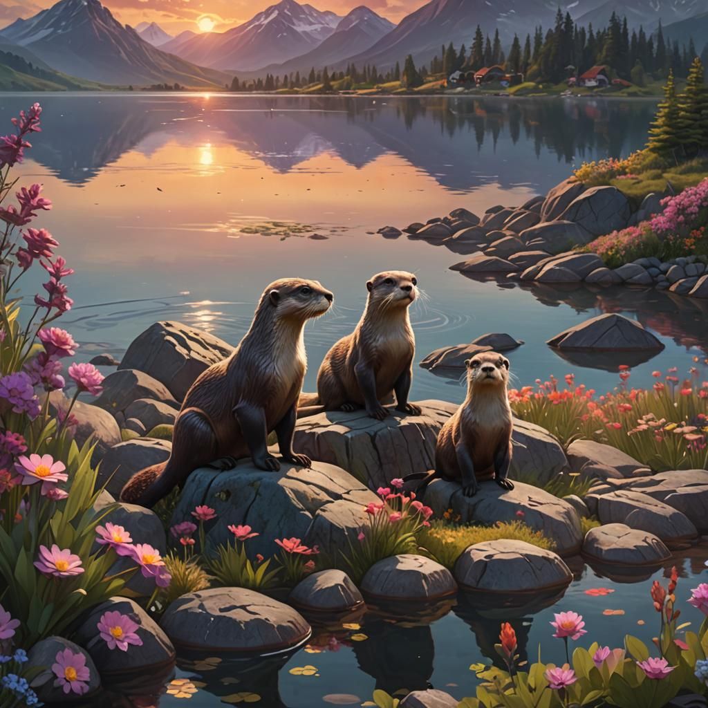 Otters by Lake at Sunset: Fantasy Concept Art