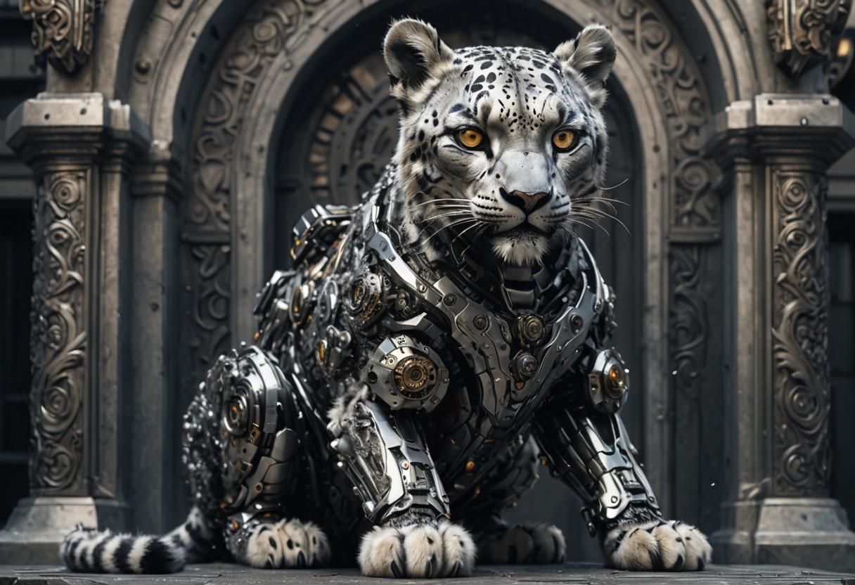Snow Leopard Cyborg Roaring in City, Concept Art