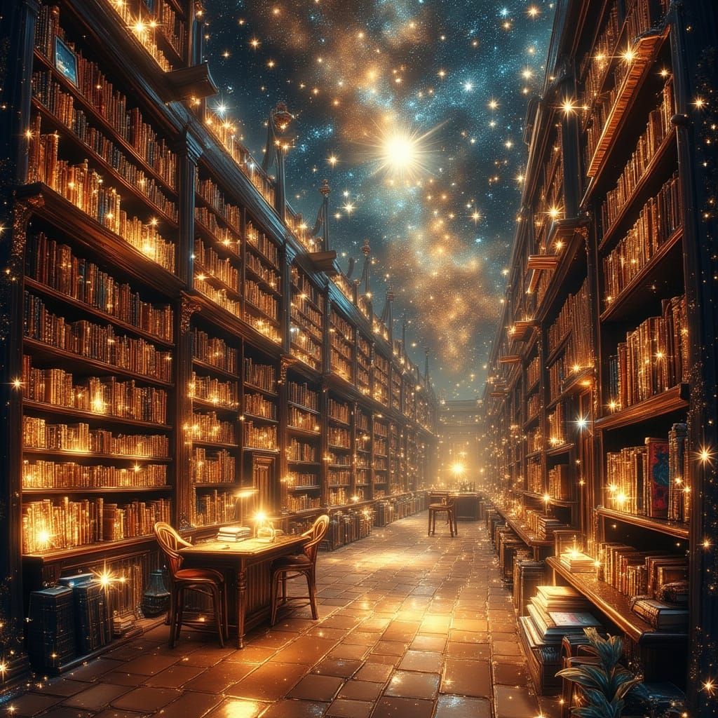 Cozy Outer Space Library in Nebula Digital Painting