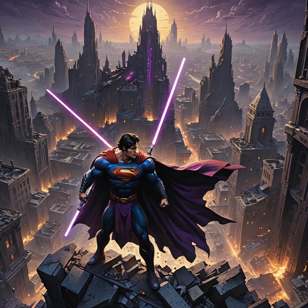Evil Superman with Lightsaber in Dark Fantasy Style