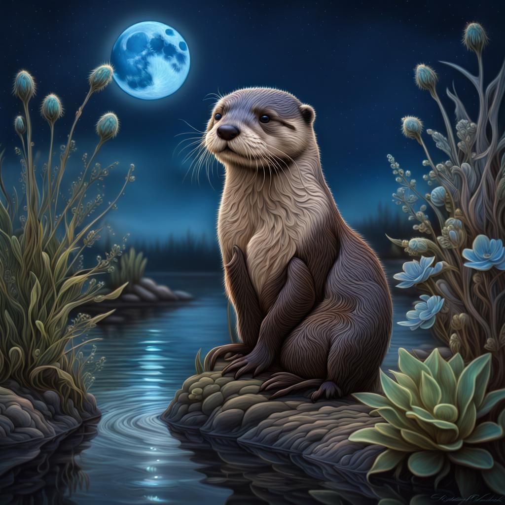 Whimsical Otter Under a Bioluminescent Blue Moon