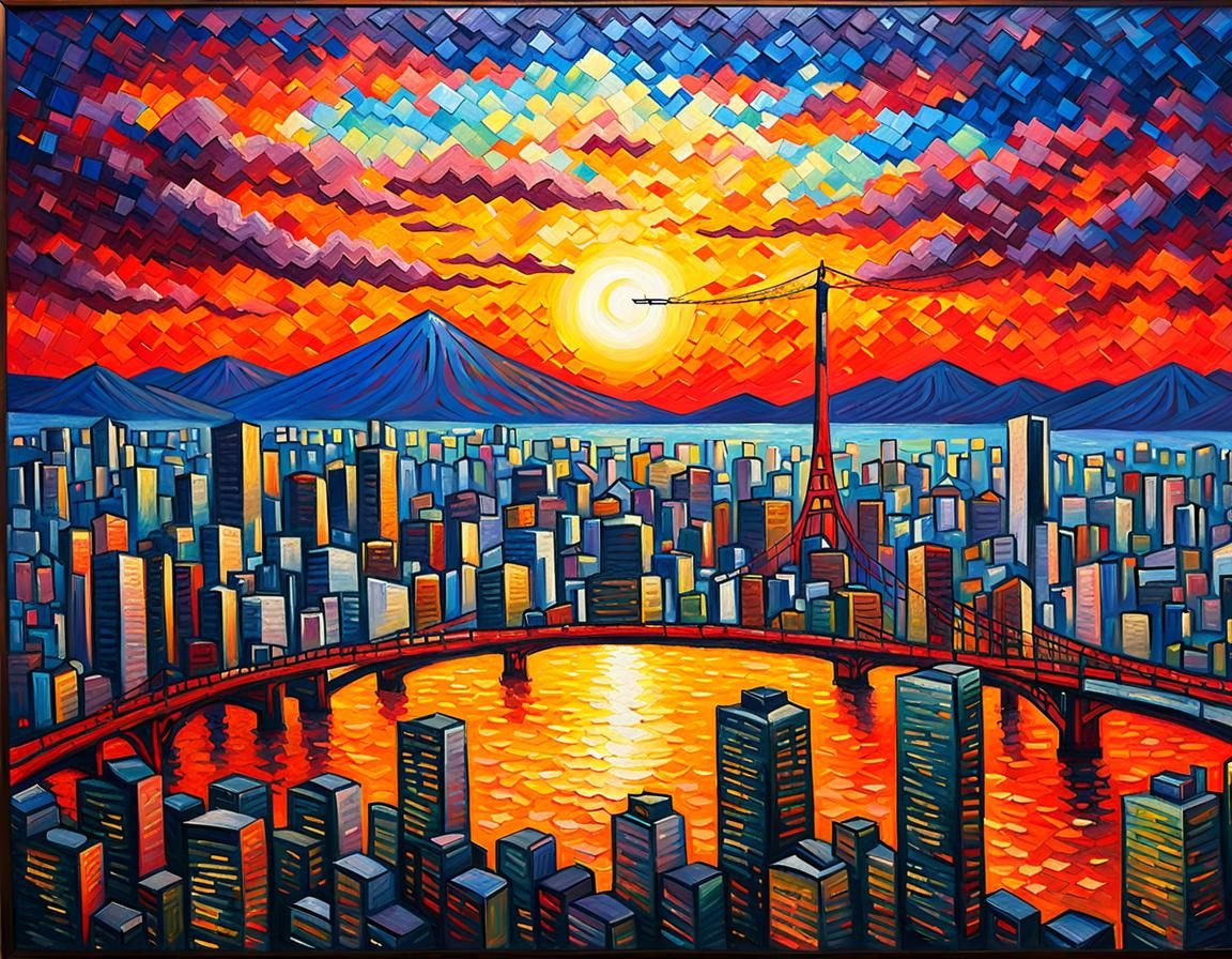 Tokyo Sunset: Expressionist Oil Painting with Textured Paint