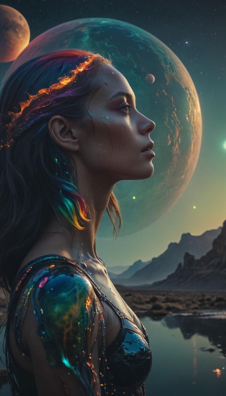 Double Exposure Portrait: Woman and Alien Planet