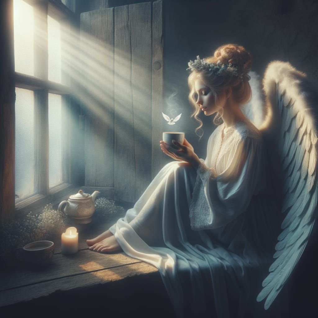 Angel Savoring Morning Coffee by Sunlit Window