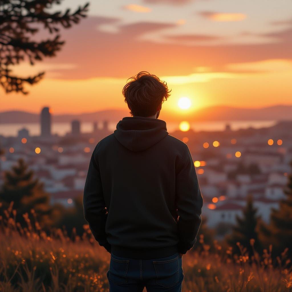 Peaceful Figure Overlooks Sunset Cityscape