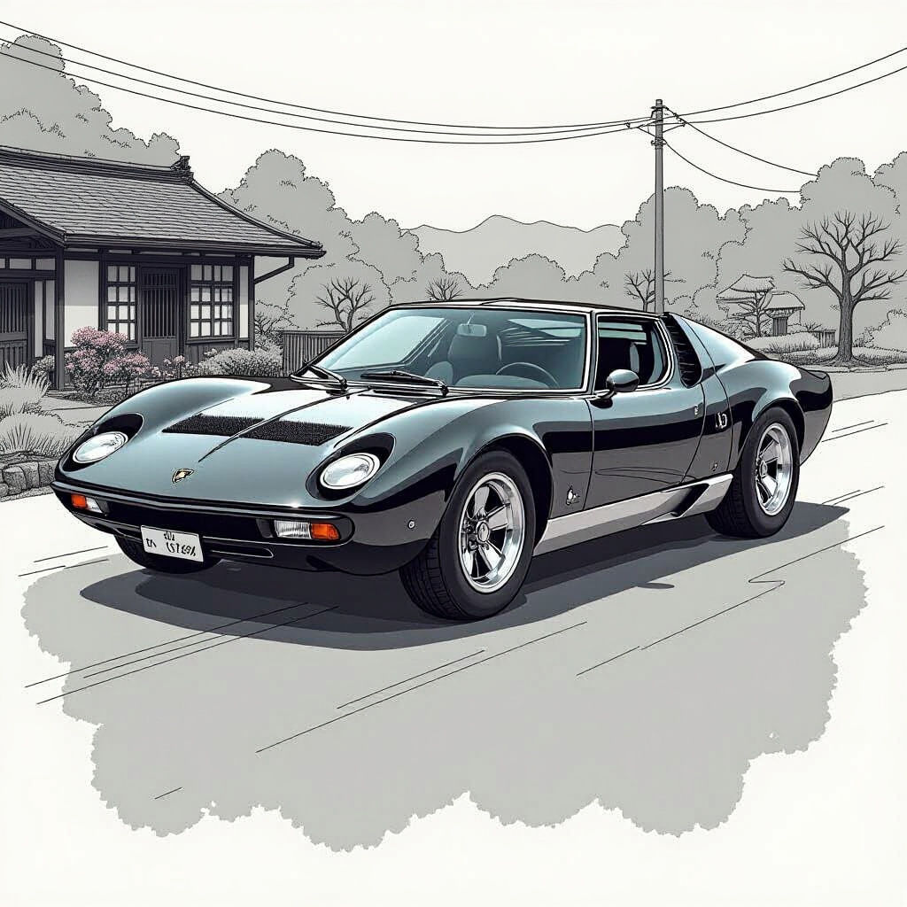 1973 Lamborghini Miura SV Line Drawing in Anime Style