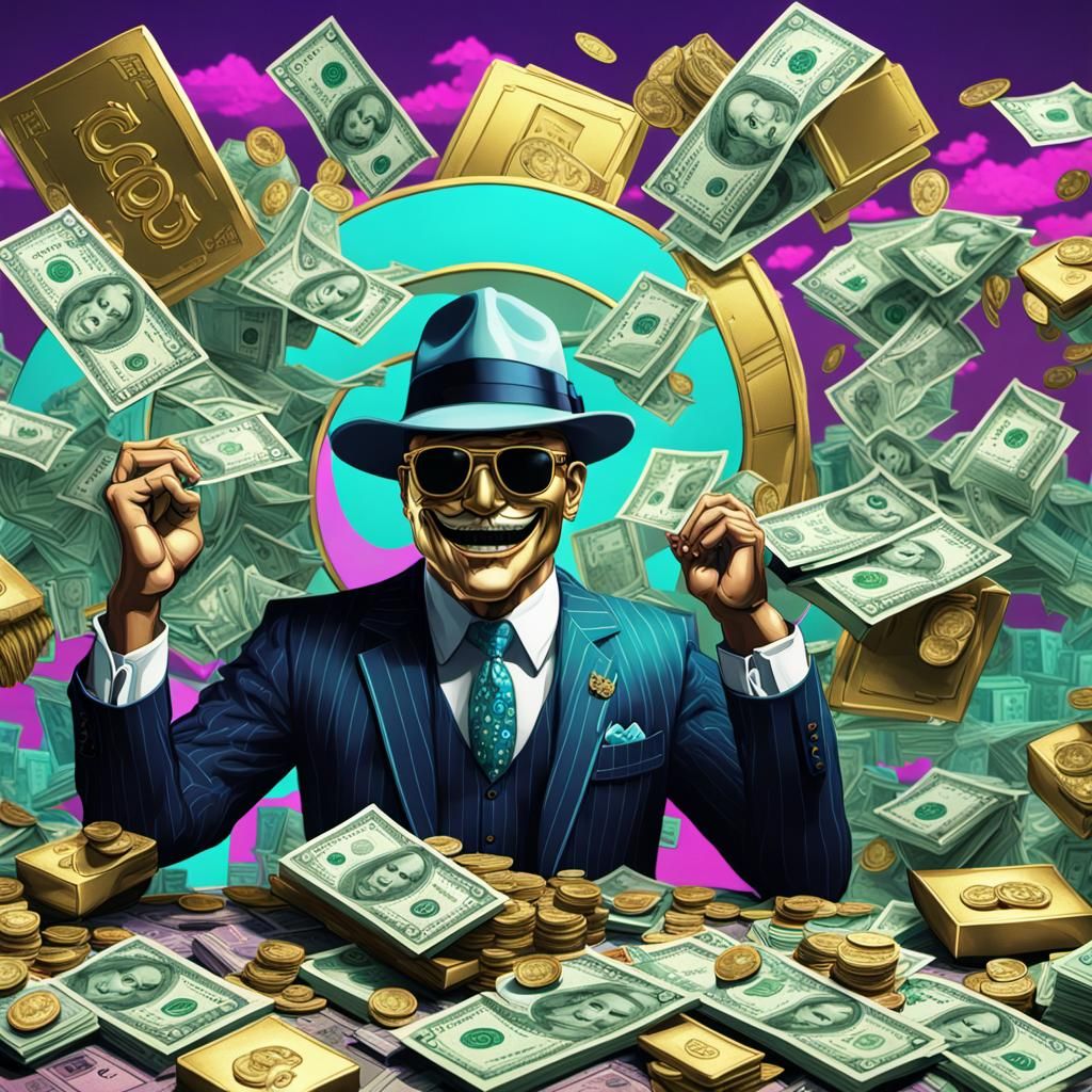 Vaporwave C64 money cover, gangster monopoly man flexing money bags, golden teeth 8K, octane engine render, hires photor...