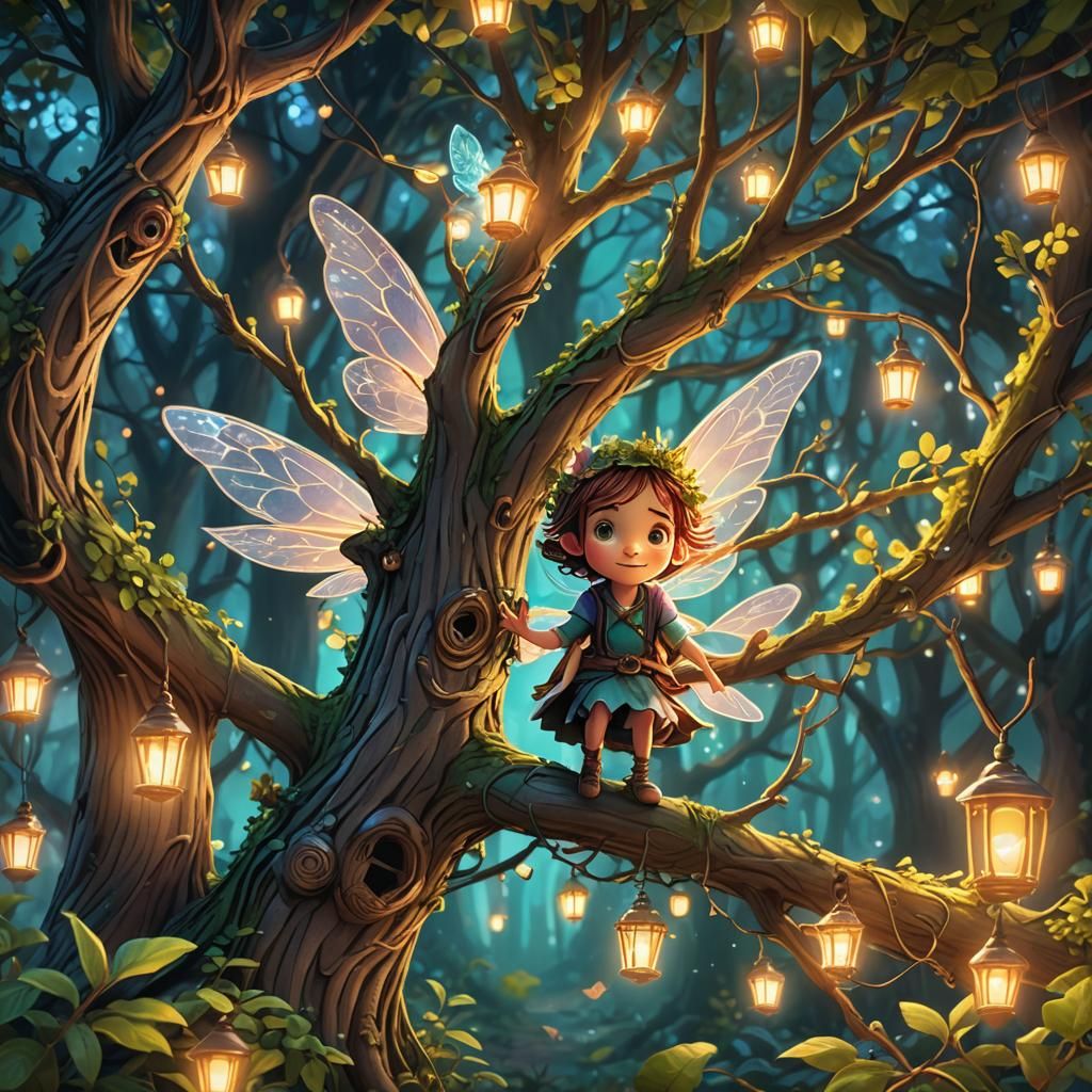 Mischievous Fairy in Enchanted Forest, Digital Painting