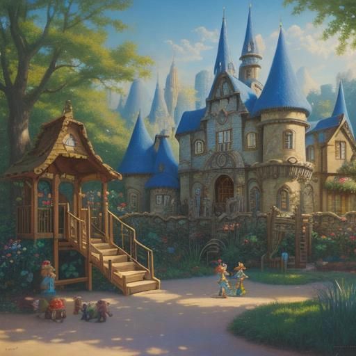 a children’s play area with a whimsical mural of fairy tale ...