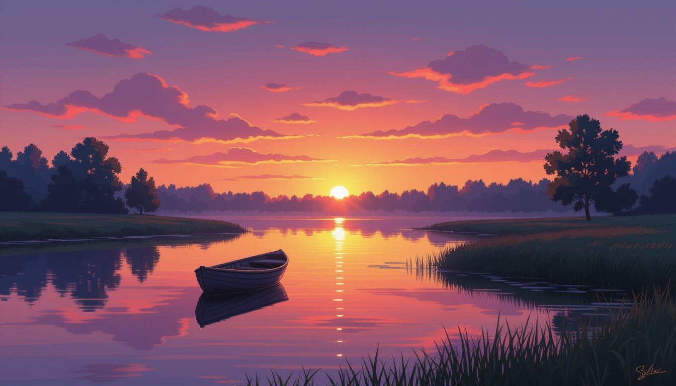 Spectacular Sunrise Over Tranquil River: Hyperrealistic Digi...