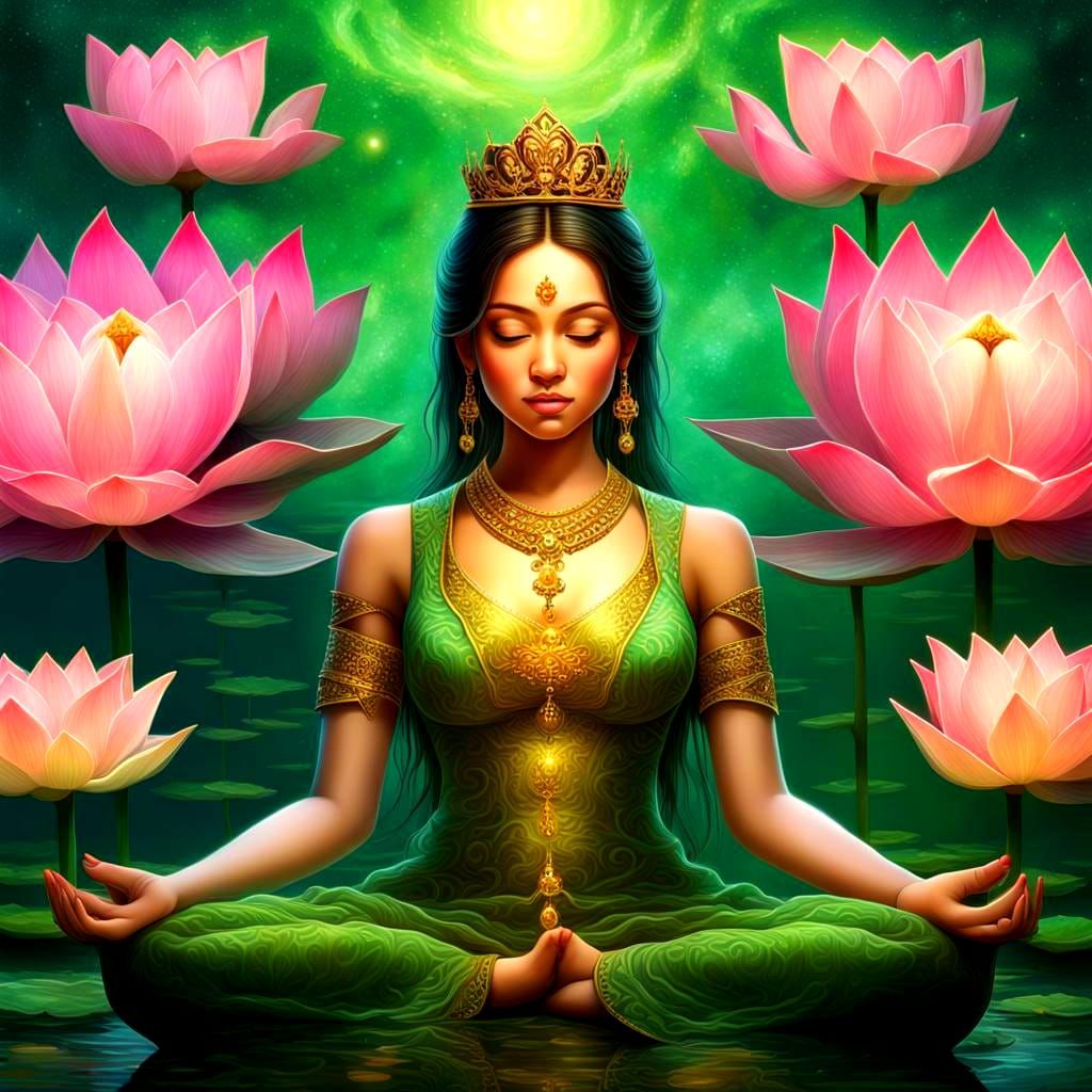 A very beautiful princess is meditating in the beautiful lotus flower
