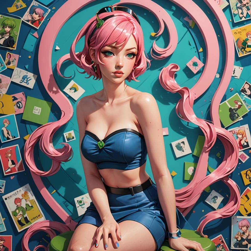 Curvaceous Pink-Haired Woman in Anime Graphic Novel Style