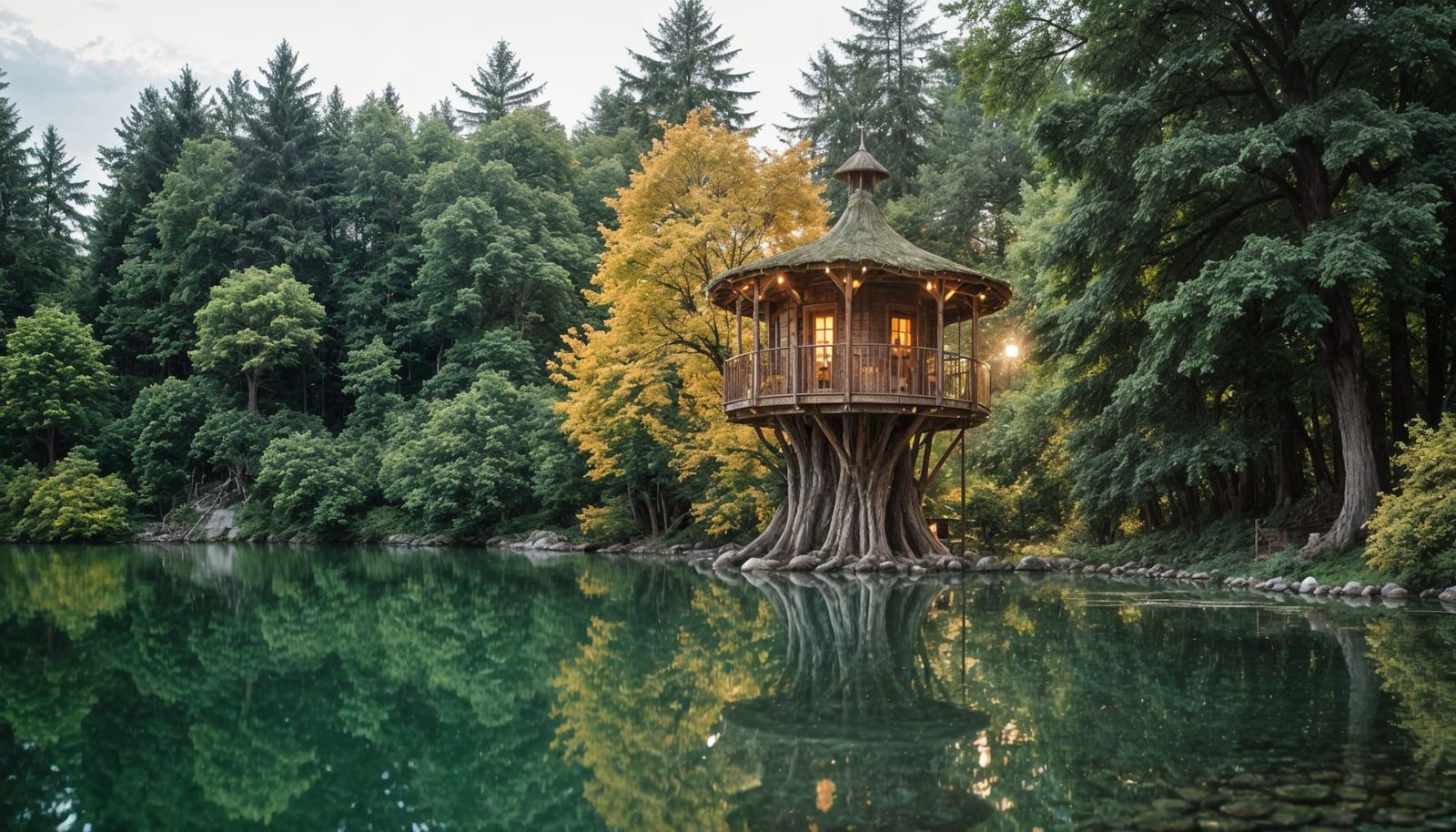 Whimsical Round Treehouse Perched Above a Serene Lake with P...
