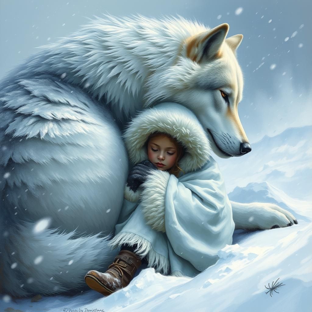 Girl and Wolf in Blizzard, Romanticism Style