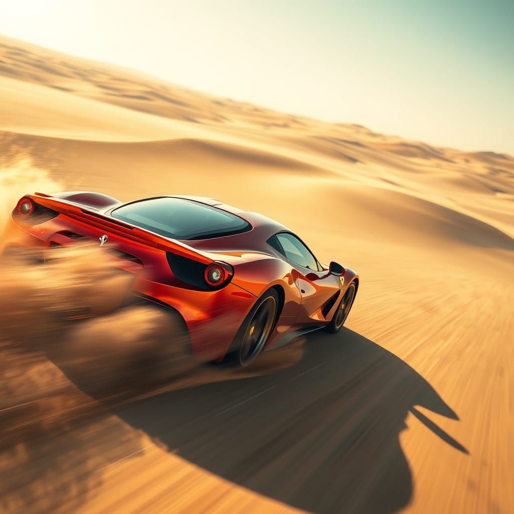 Ferrari Speeds Through Desert Dunes with Motion Blur