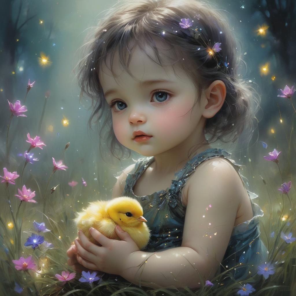 Baby Chick with Firefly in Sumi-e Style