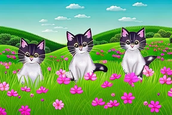 Dancing Kittens in Flowery Meadow