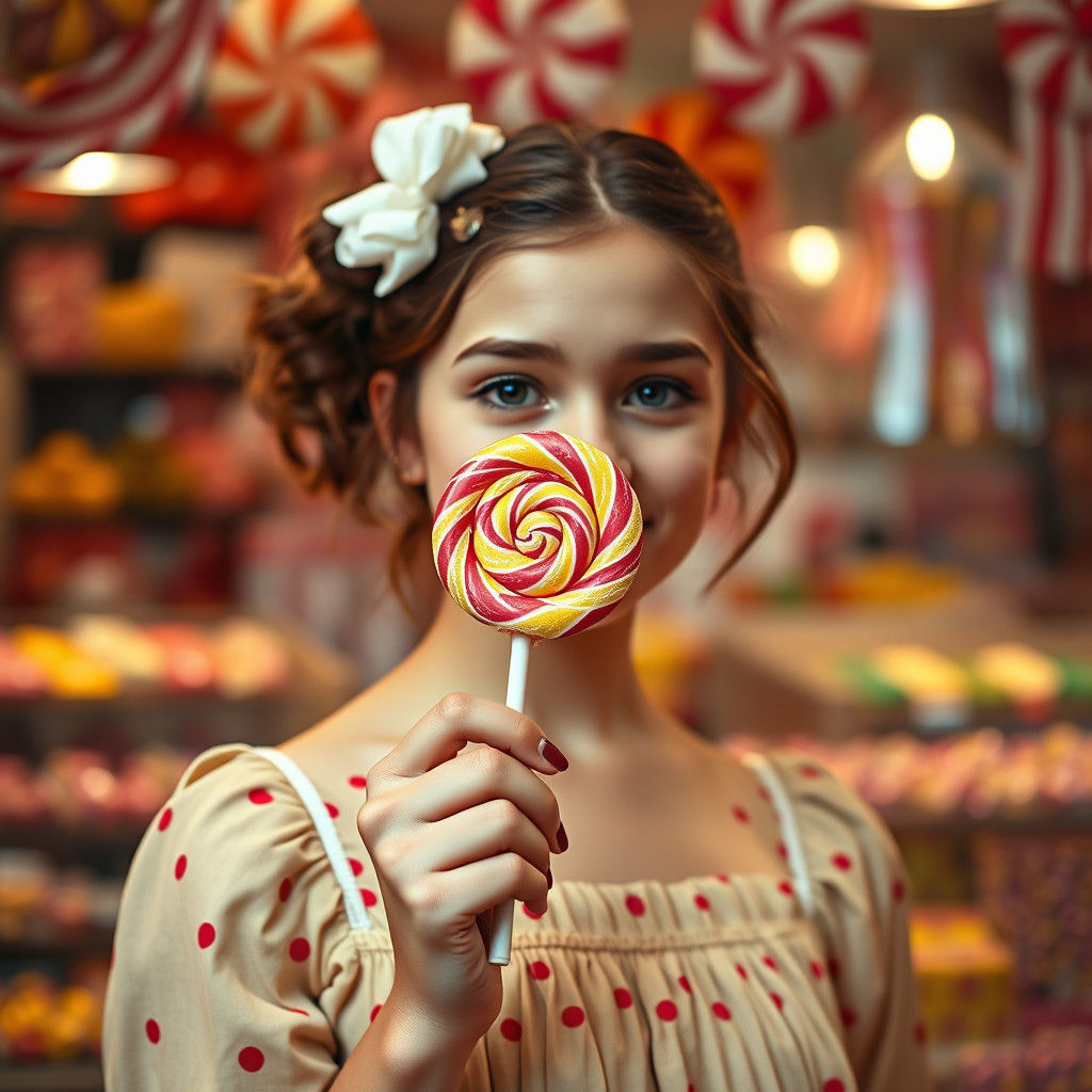 Sweet Young Woman with Lollipop in Candy Store